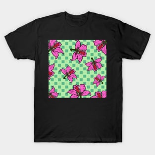 Hong Kong Bauhinia with Mint Green Tile Floor Pattern - Summer Flower Pattern T-Shirt